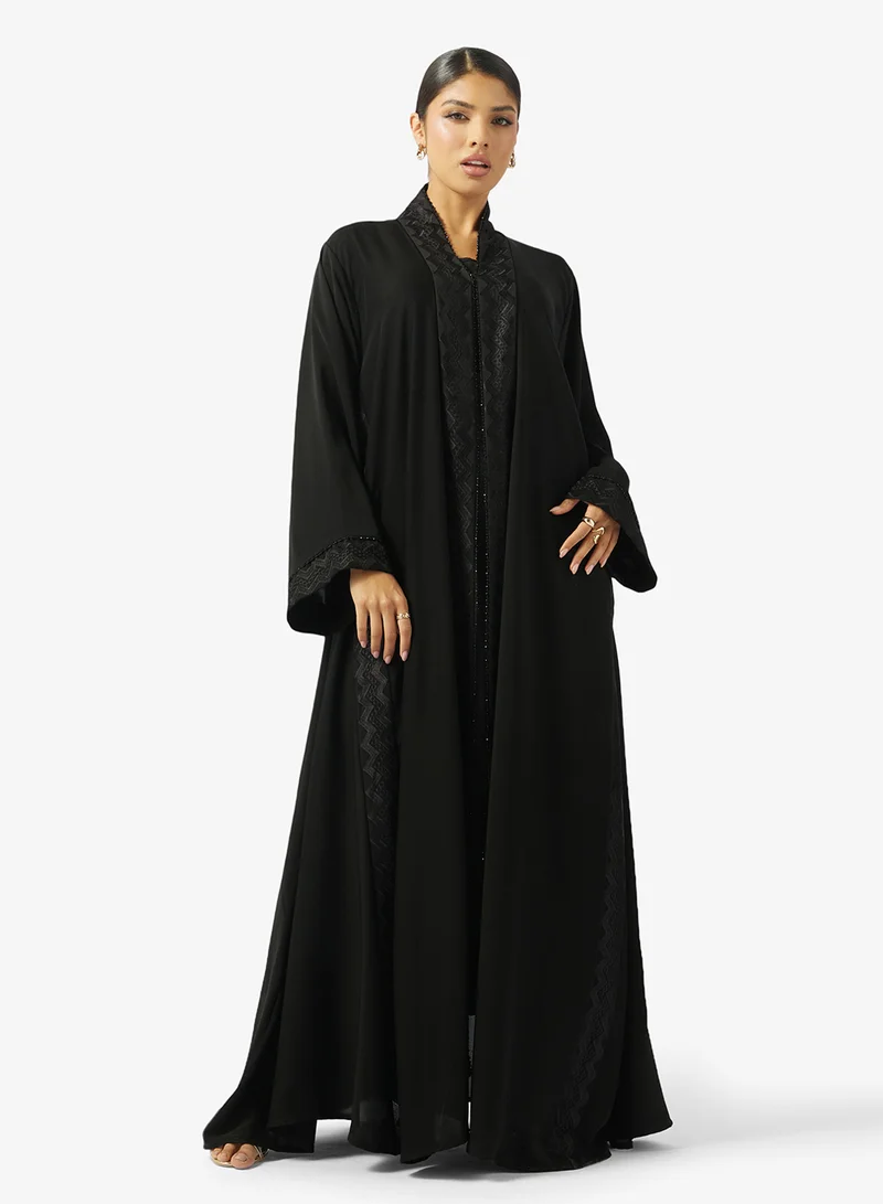 hayas closet  Lace Embellished Open Front High Neck Abaya for Women | Best Price UAE